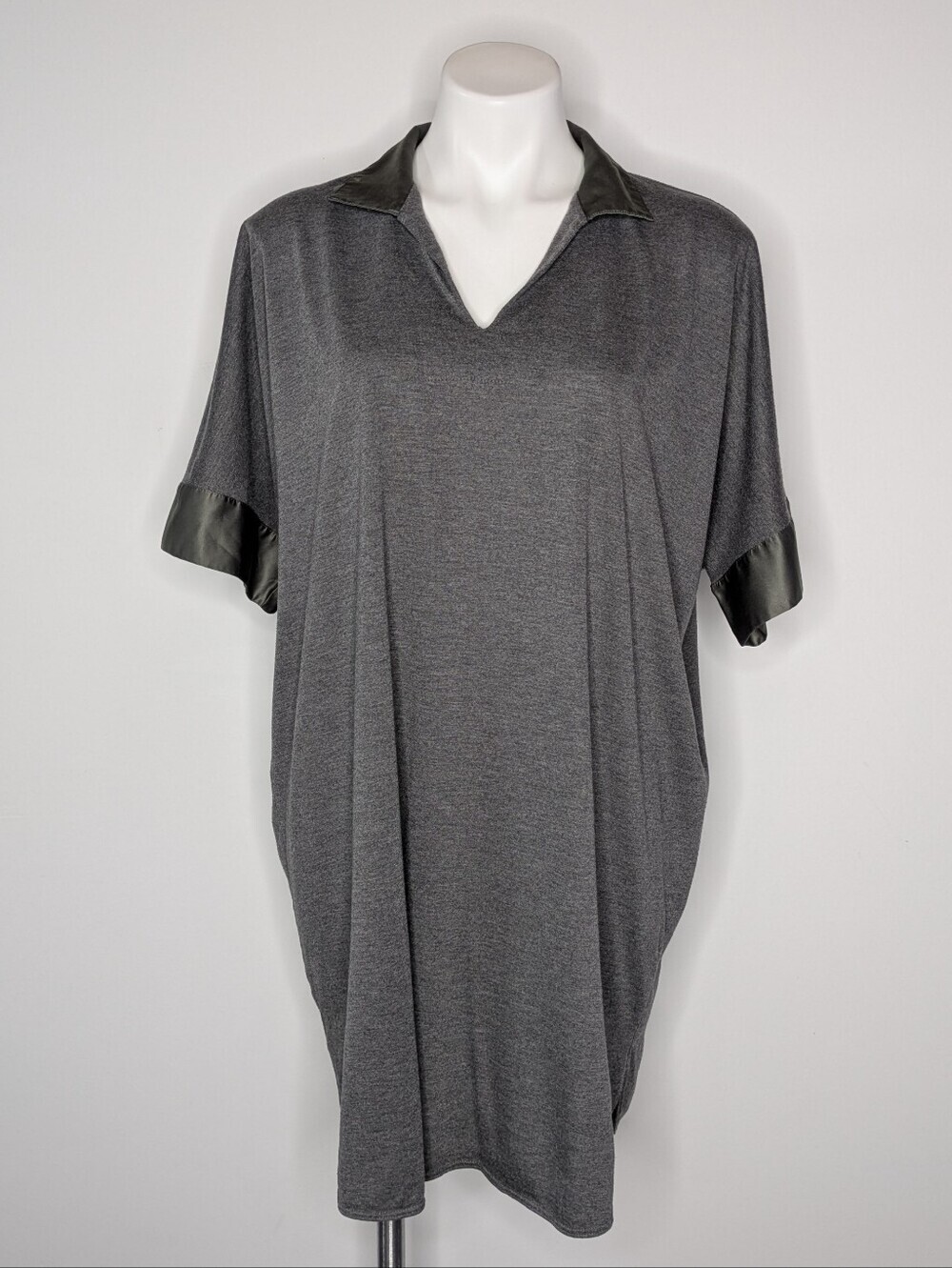 Natori Grey Green Satin Accent Slit V Neck Pajama Lounge Dress L